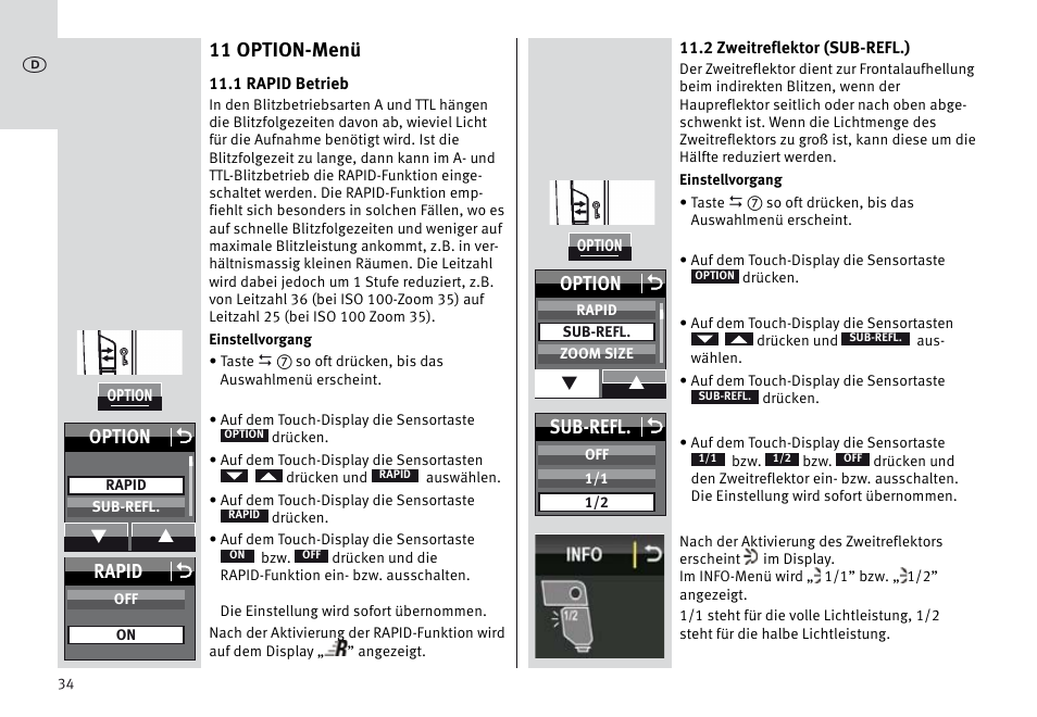 11 option-menü, Sub-refl. o, Option o | Rapid o | Metz MECABLITZ 64 AF-1 digital Sony User Manual | Page 34 / 326