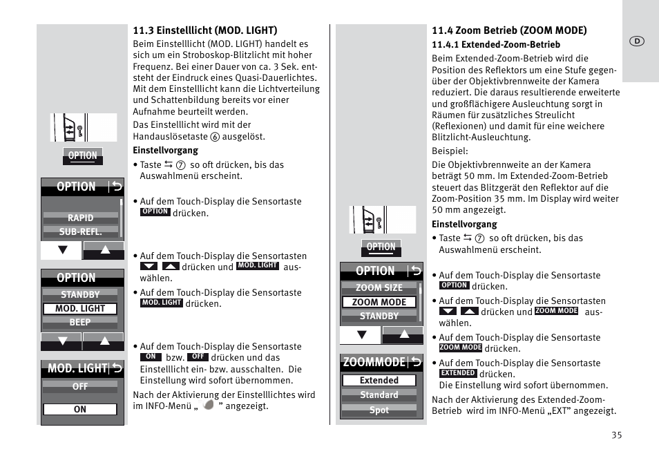 Mod. light o, Option o, Option | Zoommode o | Metz MECABLITZ 64 AF-1 digital Sony User Manual | Page 35 / 326