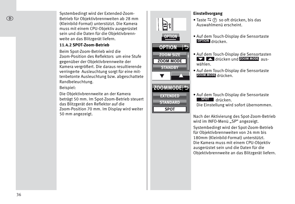 Zoommode o, Option o | Metz MECABLITZ 64 AF-1 digital Sony User Manual | Page 36 / 326