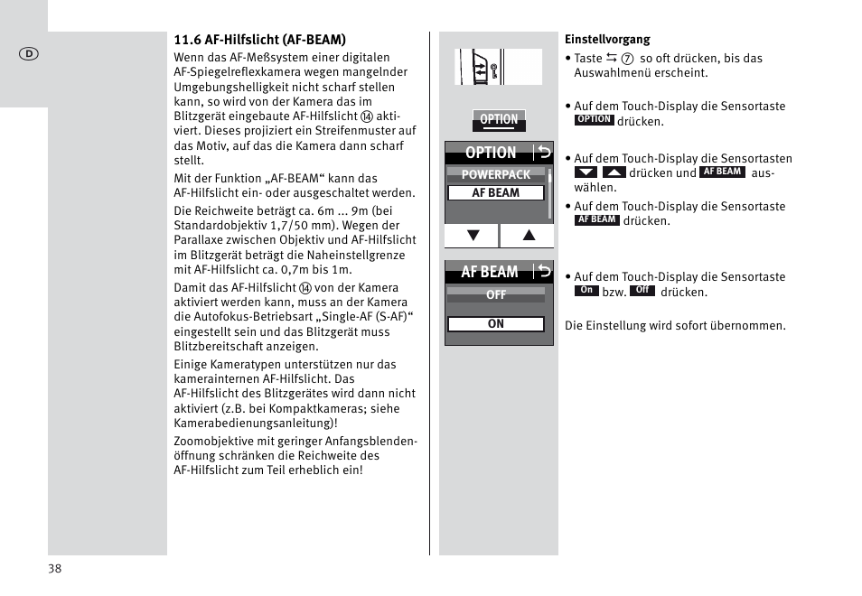 Option o, Af beam o | Metz MECABLITZ 64 AF-1 digital Sony User Manual | Page 38 / 326