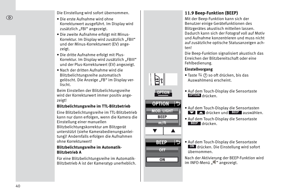 Beep o, Option o | Metz MECABLITZ 64 AF-1 digital Sony User Manual | Page 40 / 326