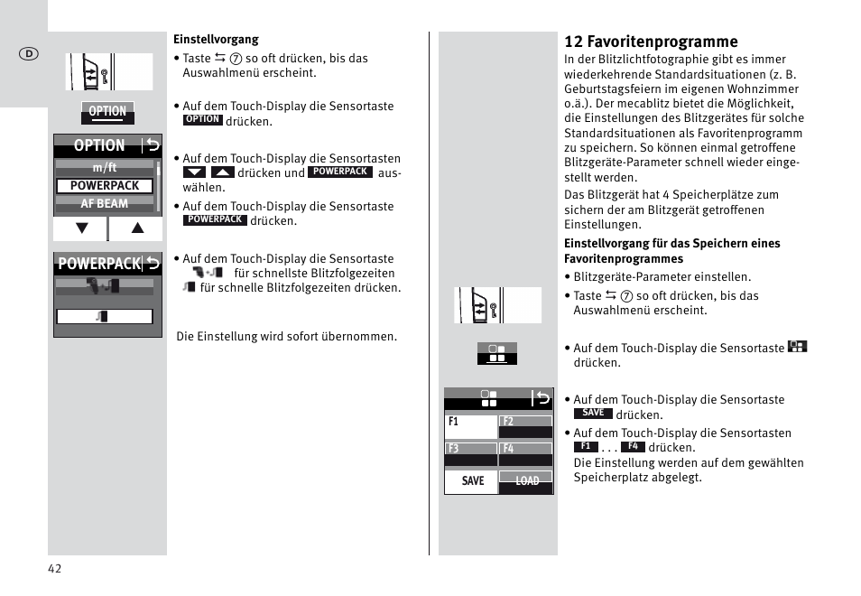 12 favoritenprogramme, Powerpack o option o | Metz MECABLITZ 64 AF-1 digital Sony User Manual | Page 42 / 326