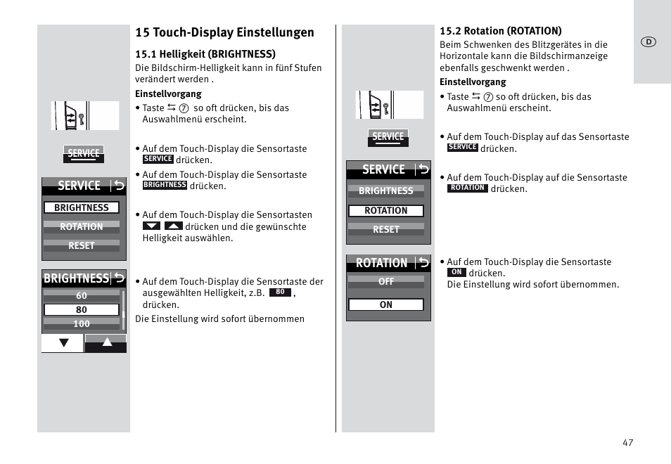 15 touch-display einstellungen, Service o, Brightness o | Rotation o | Metz MECABLITZ 64 AF-1 digital Sony User Manual | Page 47 / 326