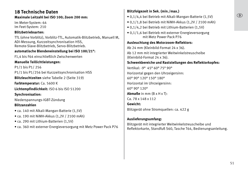 18 technische daten | Metz MECABLITZ 64 AF-1 digital Sony User Manual | Page 51 / 326