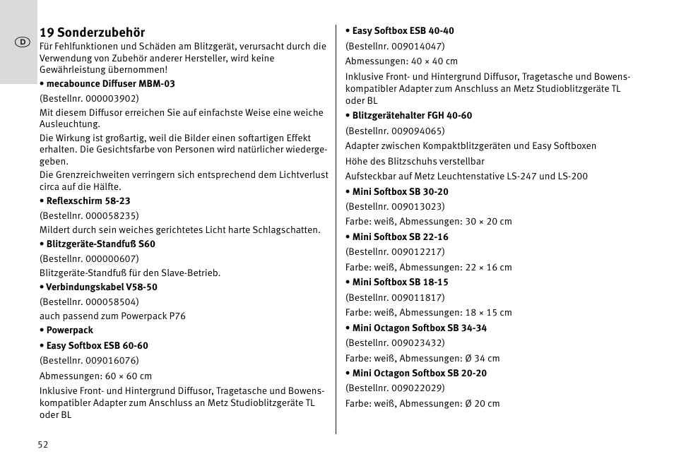19 sonderzubehör | Metz MECABLITZ 64 AF-1 digital Sony User Manual | Page 52 / 326