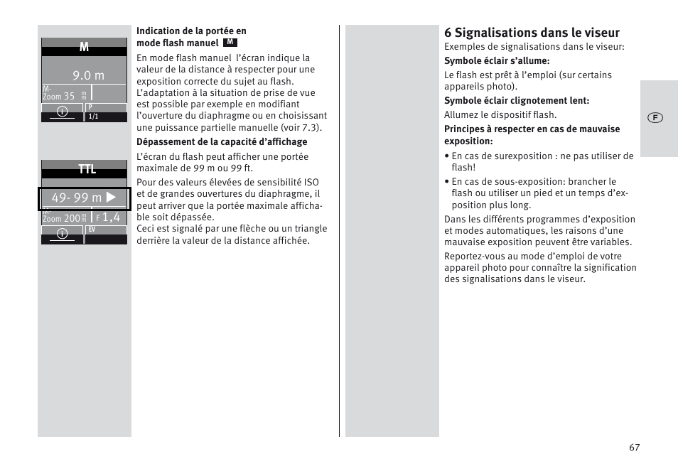 6 signalisations dans le viseur, 99 m u | Metz MECABLITZ 64 AF-1 digital Sony User Manual | Page 67 / 326