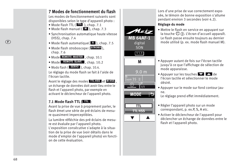 7 modes de fonctionnement du flash, Mb 64af-1, Mode o | Metz MECABLITZ 64 AF-1 digital Sony User Manual | Page 68 / 326