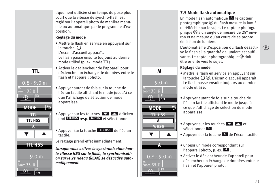 Mode o, 8 - 9.0 m, Ttl hss | Metz MECABLITZ 64 AF-1 digital Sony User Manual | Page 71 / 326