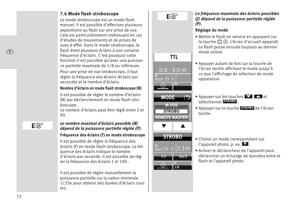 8 - 9.0 m, Mode o, Strobo | Metz MECABLITZ 64 AF-1 digital Sony User Manual | Page 72 / 326