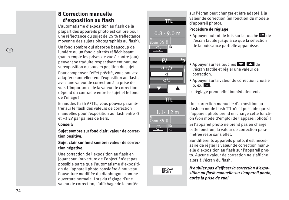 8 correction manuelle d’exposition au flash, 8 - 9.0 m, Ev o | 12 m | Metz MECABLITZ 64 AF-1 digital Sony User Manual | Page 74 / 326