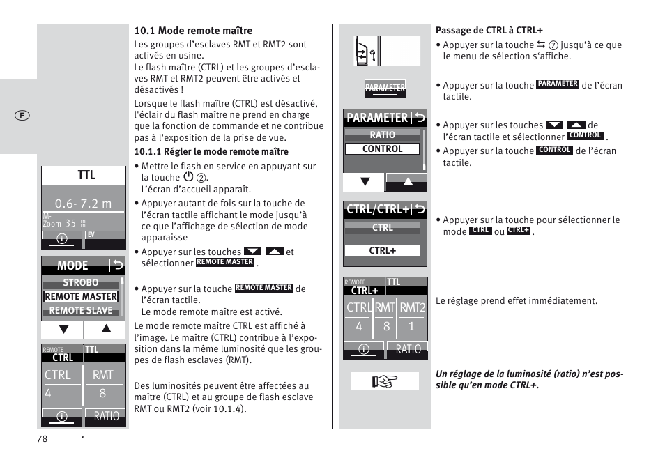 7.2 m, Mode o, Ctrl rmt 4 8 | Ratio ctrl rmt rmt2 4 8 1, Ratio, Parameter o, Ctrl/ctrl+ o | Metz MECABLITZ 64 AF-1 digital Sony User Manual | Page 78 / 326