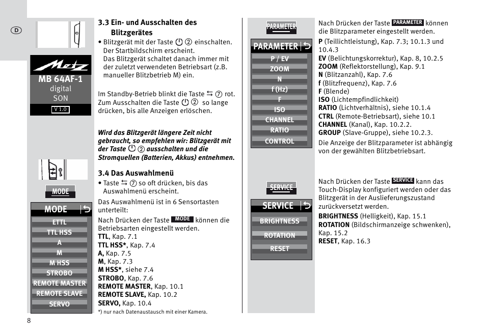 Mb 64af-1, Parameter o, Mode o | Service o | Metz MECABLITZ 64 AF-1 digital Sony User Manual | Page 8 / 326