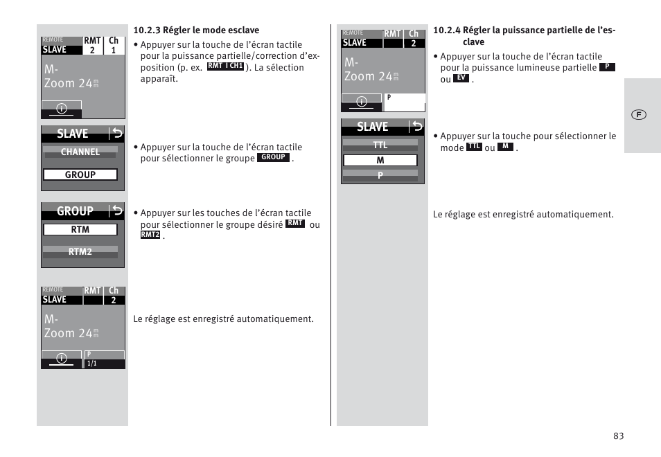 M- zoom 24, Slave o, Group o | Metz MECABLITZ 64 AF-1 digital Sony User Manual | Page 83 / 326
