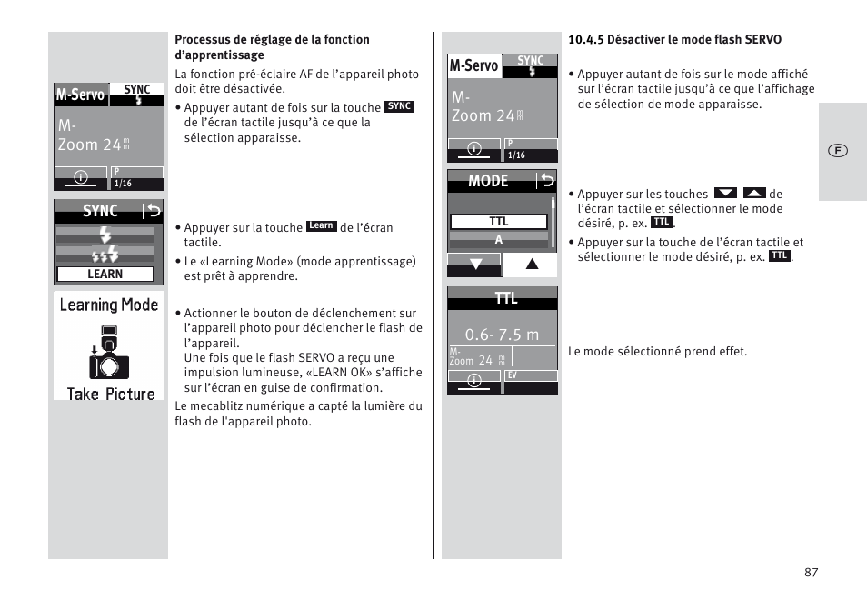 M- zoom 24 m-servo, Sync o, Mode o | 7.5 m | Metz MECABLITZ 64 AF-1 digital Sony User Manual | Page 87 / 326