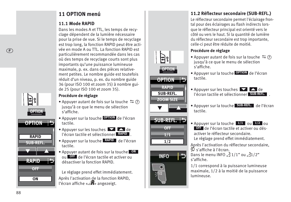 11 option menú, Sub-refl. o, Option o | Rapid o | Metz MECABLITZ 64 AF-1 digital Sony User Manual | Page 88 / 326