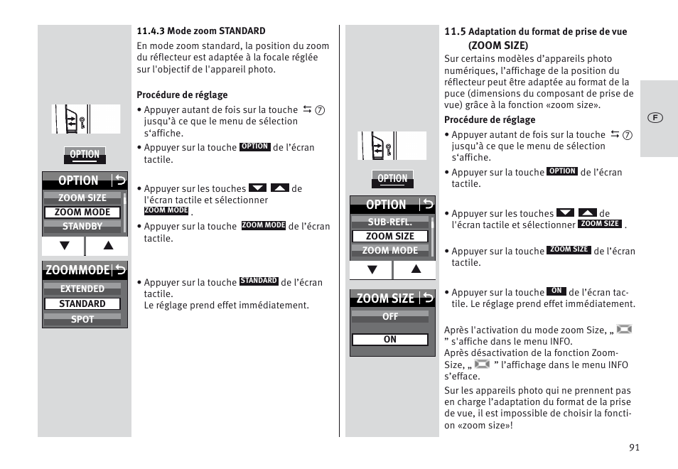 Option o, Zoom size o, Zoommode o | Metz MECABLITZ 64 AF-1 digital Sony User Manual | Page 91 / 326