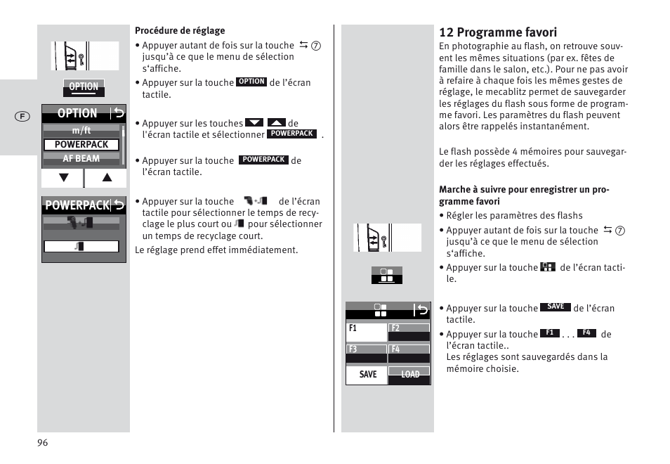 12 programme favori, Powerpack o option o | Metz MECABLITZ 64 AF-1 digital Sony User Manual | Page 96 / 326