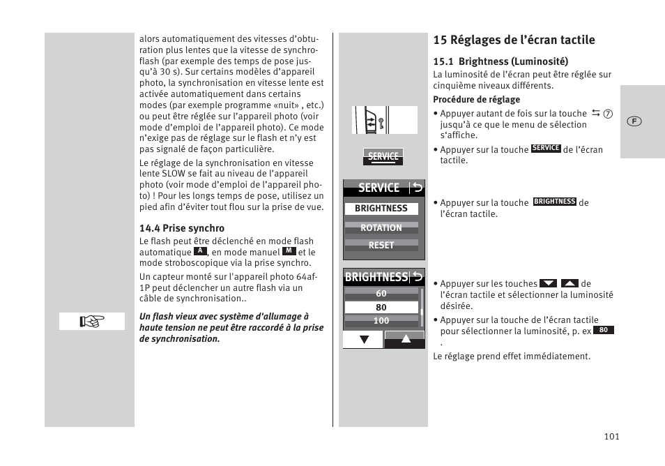 15 réglages de l’écran tactile, Service o, Brightness o | Metz MECABLITZ 64 AF-1 digital Pentax User Manual | Page 101 / 326