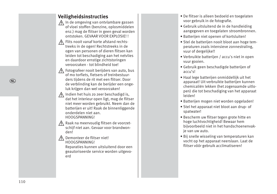 Veiligheidsinstructies | Metz MECABLITZ 64 AF-1 digital Pentax User Manual | Page 110 / 326