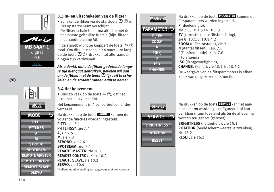 Mb 64af-1, Parameter o, Mode o | Service o | Metz MECABLITZ 64 AF-1 digital Pentax User Manual | Page 114 / 326