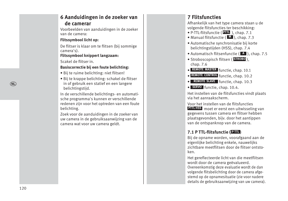 6 aanduidingen in de zoeker van de camerar, 7 flitsfuncties | Metz MECABLITZ 64 AF-1 digital Pentax User Manual | Page 120 / 326