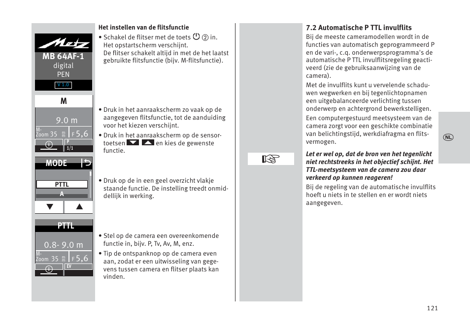 Mb 64af-1, Mode o, 9.0 m | Pttl | Metz MECABLITZ 64 AF-1 digital Pentax User Manual | Page 121 / 326