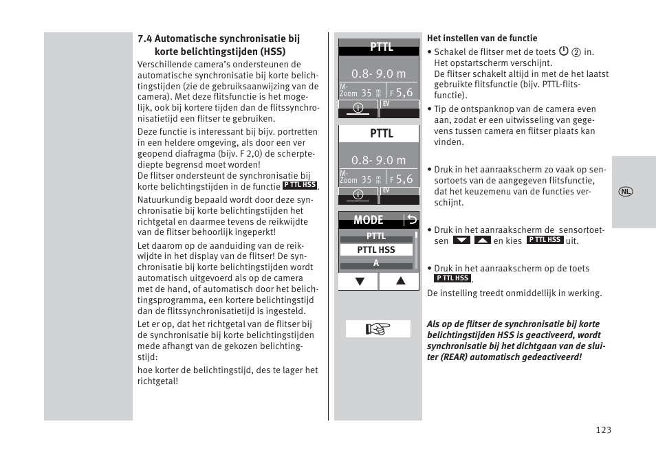 Mode o, 9.0 m, Pttl | Metz MECABLITZ 64 AF-1 digital Pentax User Manual | Page 123 / 326