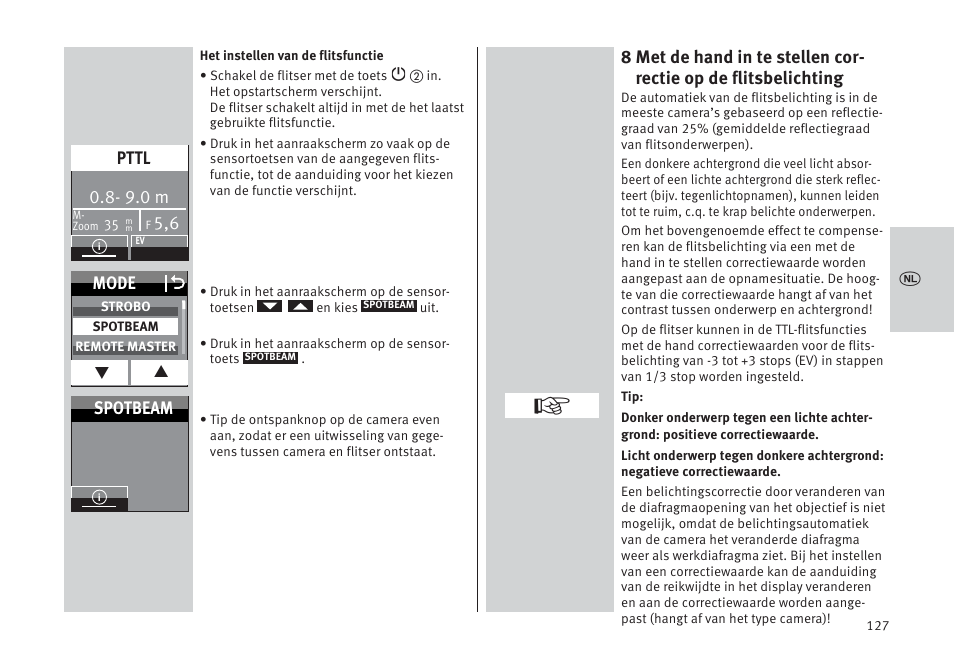 9.0 m, Pttl, Mode o | Spotbeam | Metz MECABLITZ 64 AF-1 digital Pentax User Manual | Page 127 / 326