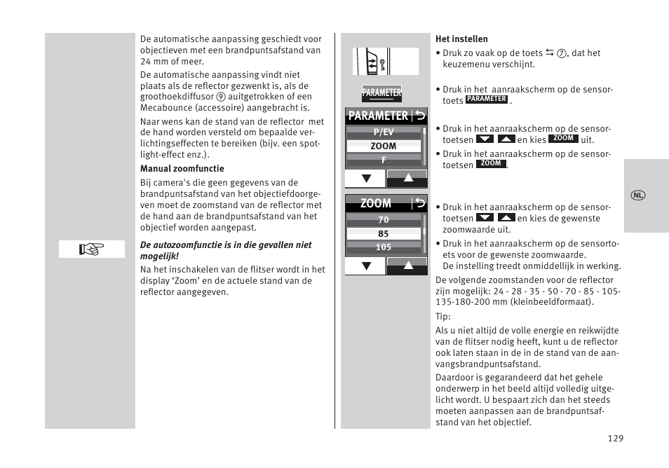 Parameter o, Zoom o | Metz MECABLITZ 64 AF-1 digital Pentax User Manual | Page 129 / 326