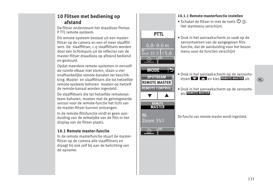 10 flitsen met bediening op afstand, Mode o, 9.0 m | Pttl, M- zoom 35 | Metz MECABLITZ 64 AF-1 digital Pentax User Manual | Page 131 / 326