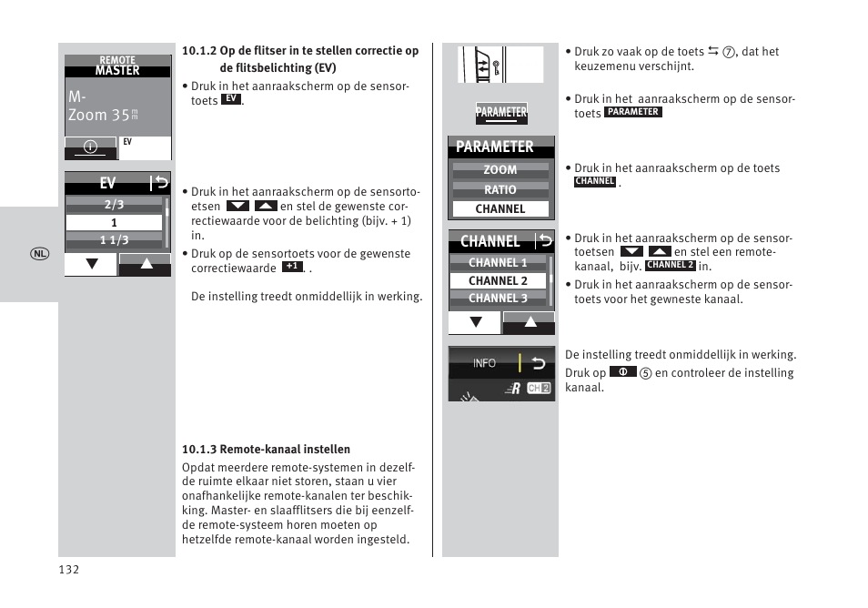 M- zoom 35, Ev o, Parameter | Channel o | Metz MECABLITZ 64 AF-1 digital Pentax User Manual | Page 132 / 326