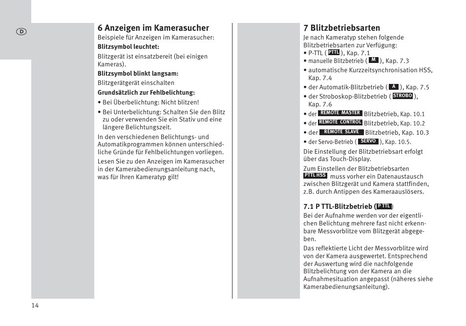 6 anzeigen im kamerasucher, 7 blitzbetriebsarten | Metz MECABLITZ 64 AF-1 digital Pentax User Manual | Page 14 / 326