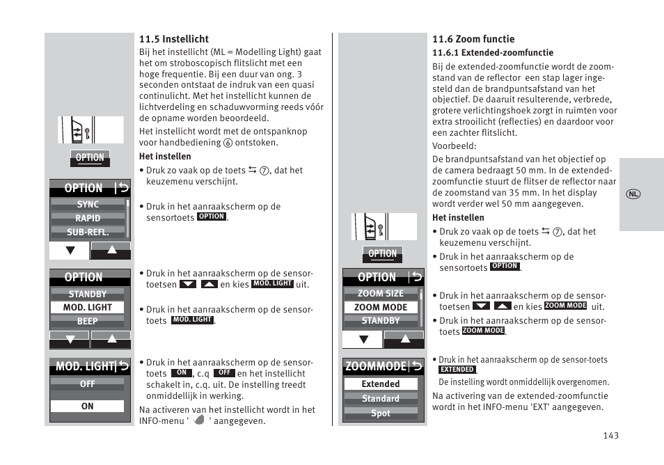 Mod. light o, Option o, Option | Zoommode o | Metz MECABLITZ 64 AF-1 digital Pentax User Manual | Page 143 / 326