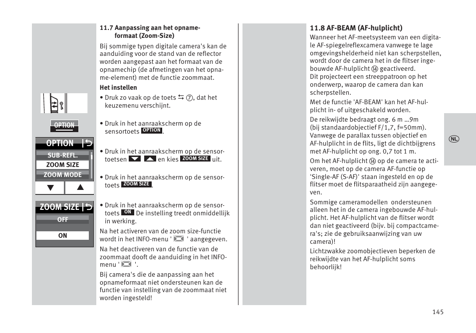Option o, Zoom size o | Metz MECABLITZ 64 AF-1 digital Pentax User Manual | Page 145 / 326