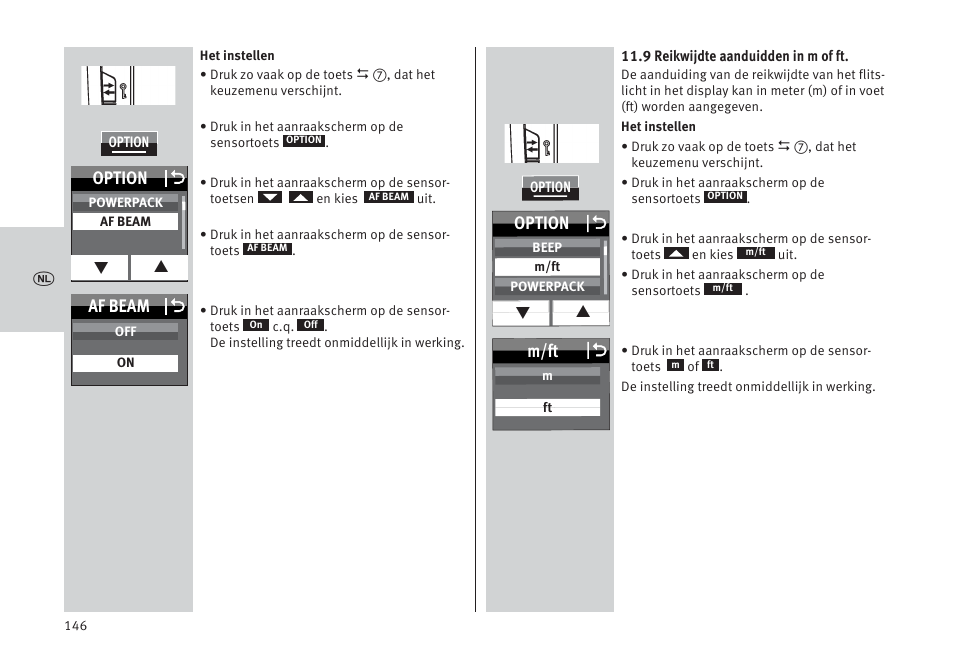 Option o, Af beam o, M/ft o | Metz MECABLITZ 64 AF-1 digital Pentax User Manual | Page 146 / 326