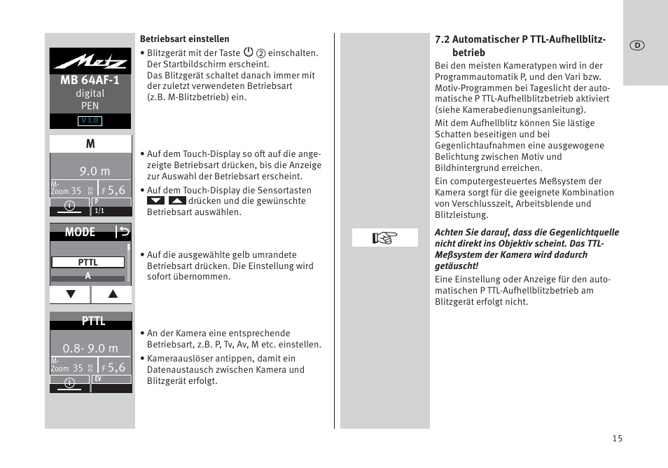 Mb 64af-1, Mode o, 9.0 m | Pttl | Metz MECABLITZ 64 AF-1 digital Pentax User Manual | Page 15 / 326