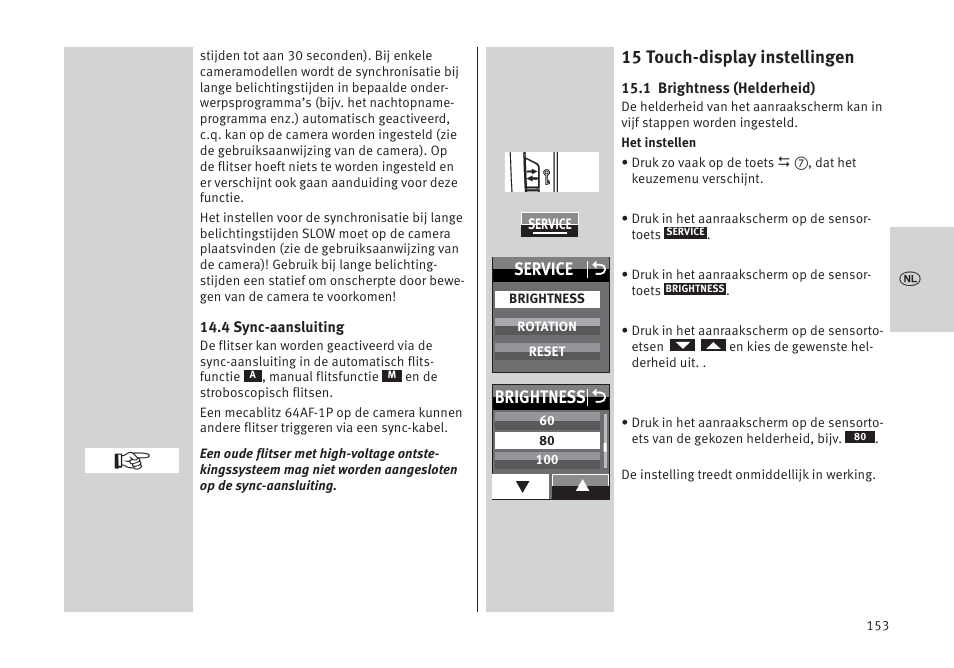 15 touch-display instellingen, Service o, Brightness o | Metz MECABLITZ 64 AF-1 digital Pentax User Manual | Page 153 / 326