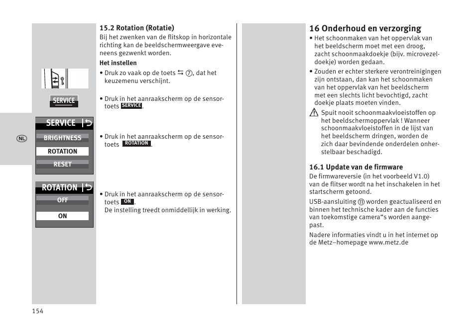 16 onderhoud en verzorging, Service o, Rotation o | Metz MECABLITZ 64 AF-1 digital Pentax User Manual | Page 154 / 326