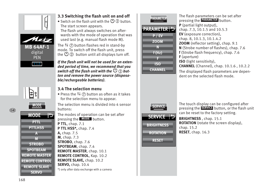 Mb 64af-1, Parameter o, Mode o | Service o | Metz MECABLITZ 64 AF-1 digital Pentax User Manual | Page 168 / 326