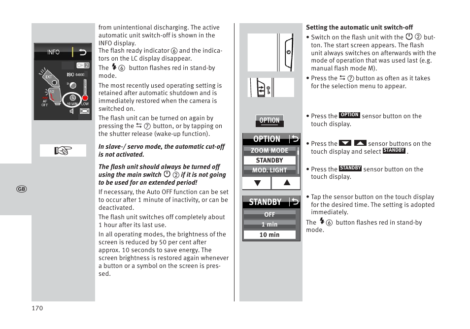 Option o, Standby o | Metz MECABLITZ 64 AF-1 digital Pentax User Manual | Page 170 / 326