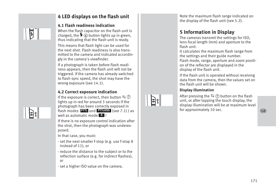 4 led displays on the flash unit, 5 information in display | Metz MECABLITZ 64 AF-1 digital Pentax User Manual | Page 171 / 326