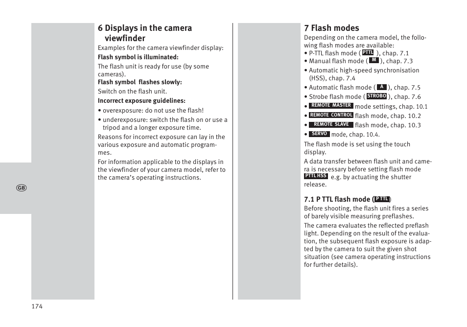 6 displays in the camera viewfinder, 7 flash modes | Metz MECABLITZ 64 AF-1 digital Pentax User Manual | Page 174 / 326