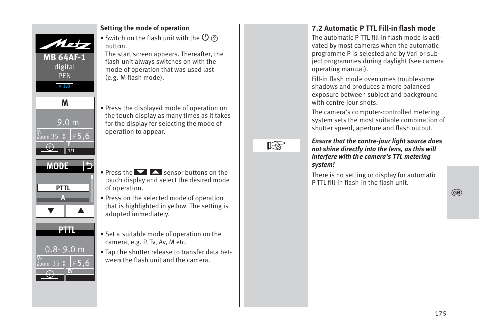 Mb 64af-1, Mode o, 9.0 m | Pttl | Metz MECABLITZ 64 AF-1 digital Pentax User Manual | Page 175 / 326