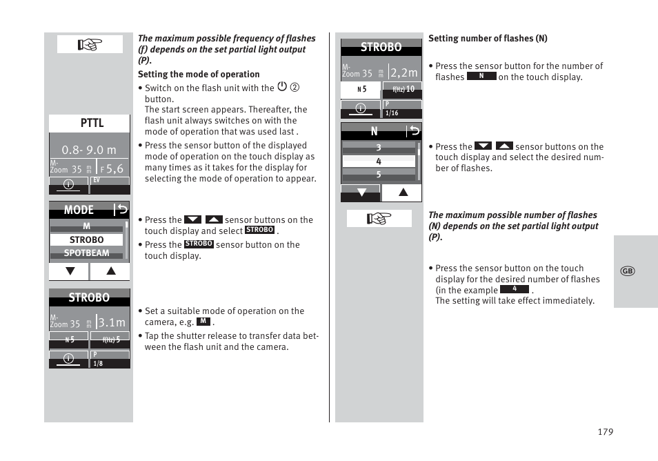 9.0 m, Pttl, Mode o | Strobo, 2,2m | Metz MECABLITZ 64 AF-1 digital Pentax User Manual | Page 179 / 326