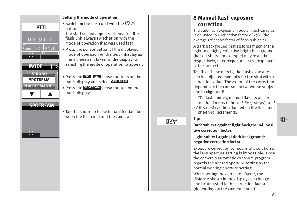 8 manual flash exposure correction, 9.0 m, Pttl | Mode o, Spotbeam | Metz MECABLITZ 64 AF-1 digital Pentax User Manual | Page 181 / 326