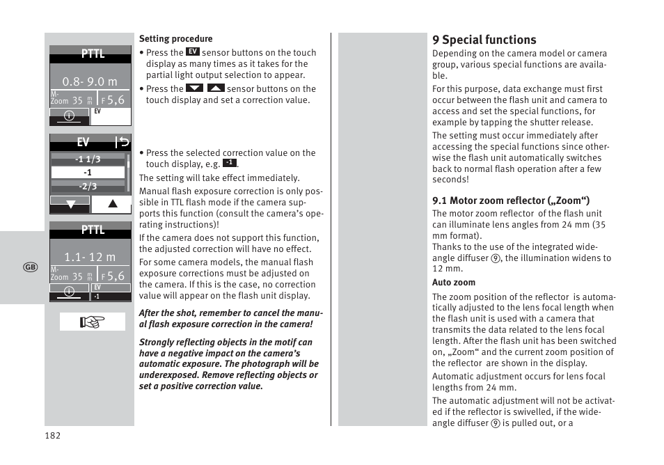 9 special functions, 9.0 m, Pttl | Ev o, 12 m | Metz MECABLITZ 64 AF-1 digital Pentax User Manual | Page 182 / 326