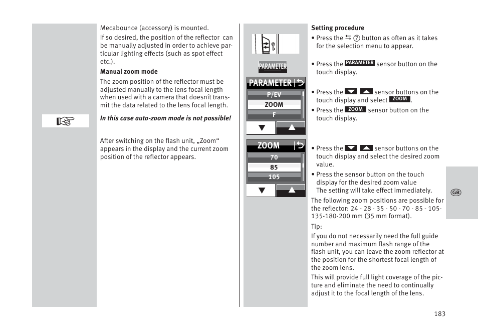 Parameter o, Zoom o | Metz MECABLITZ 64 AF-1 digital Pentax User Manual | Page 183 / 326