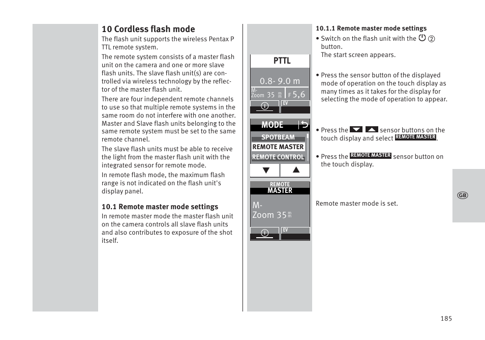 10 cordless flash mode, Mode o, 9.0 m | Pttl, M- zoom 35 | Metz MECABLITZ 64 AF-1 digital Pentax User Manual | Page 185 / 326