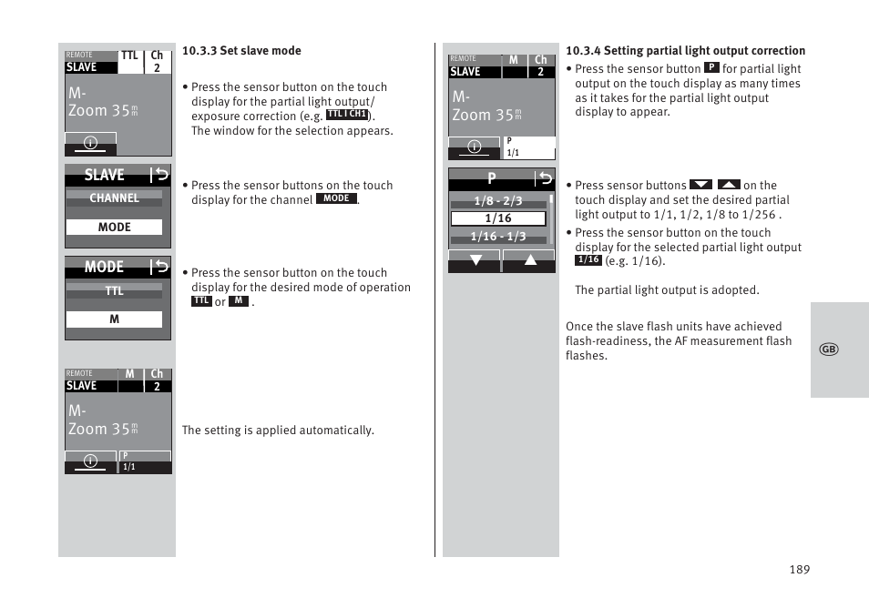 M- zoom 35, Slave o, Mode o | Metz MECABLITZ 64 AF-1 digital Pentax User Manual | Page 189 / 326