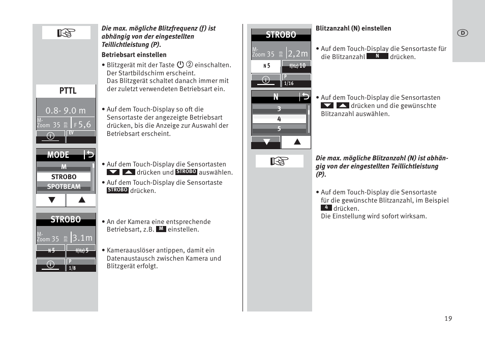 9.0 m, Pttl, Mode o | Strobo, 2,2m | Metz MECABLITZ 64 AF-1 digital Pentax User Manual | Page 19 / 326